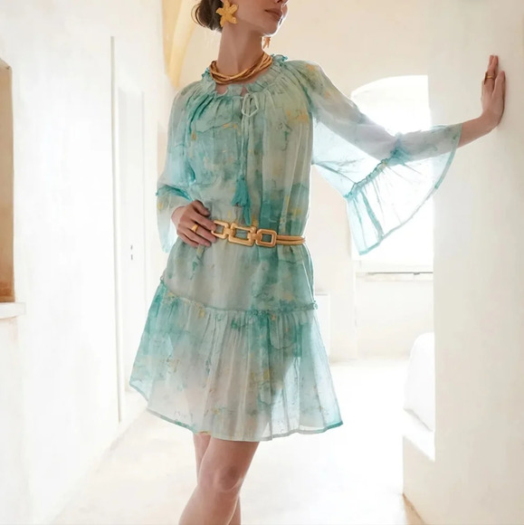 Debbie Katz Nalai Tunic Aqua Metallic Block Print Midi Dress Sz M Cottagecore - Picture 2 of 16